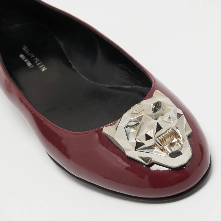 Pre Owned Philipp Plein Burgundy Patent Leather Embellished Ballet Flats Size 36