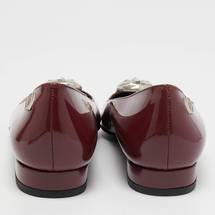 Pre Owned Philipp Plein Burgundy Patent Leather Embellished Ballet Flats Size 36