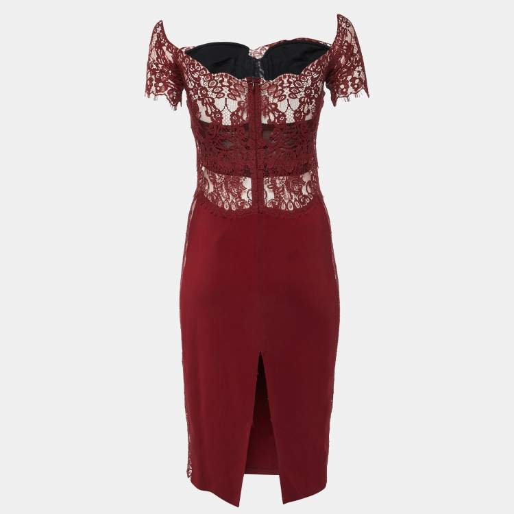 Pre Owned Philipp Plein Deep Red Lace Off Shoulder Midi Dress M