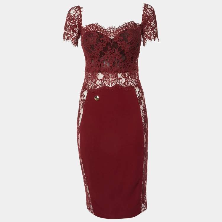 Pre Owned Philipp Plein Deep Red Lace Off Shoulder Midi Dress M