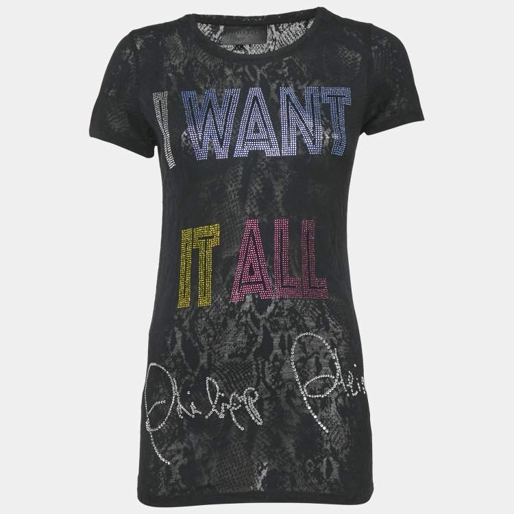 Pre Owned Philipp Plein Couture Navy Blue Snake Print and Embellished Cotton Blend T-Shirt S