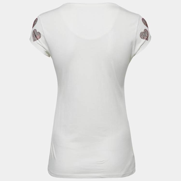 Pre Owned Philipp Plein Couture White Heart Embellished Cotton T-Shirt S