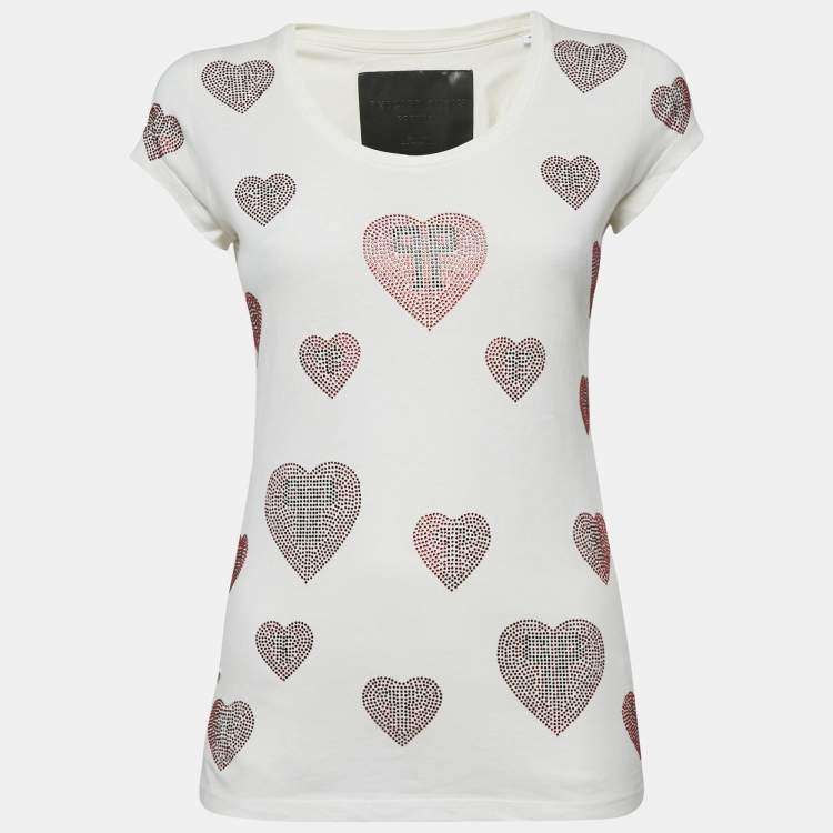 Pre Owned Philipp Plein Couture White Heart Embellished Cotton T-Shirt S
