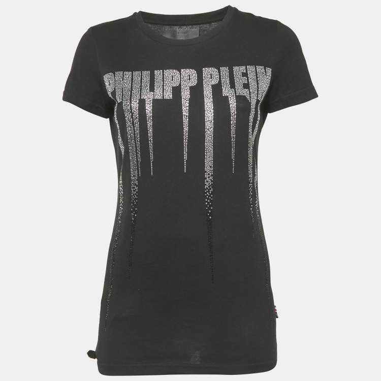 Pre Owned Philipp Plein Couture Black Logo Embellished Cotton T-Shirt S