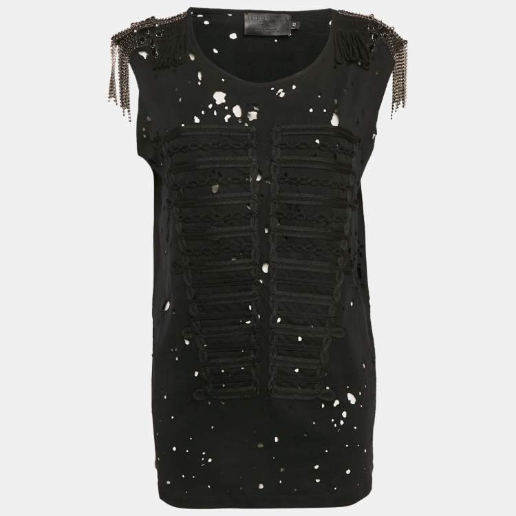 Pre Owned Philipp Plein Couture Black Shoulders Embellished Distressed Top XS