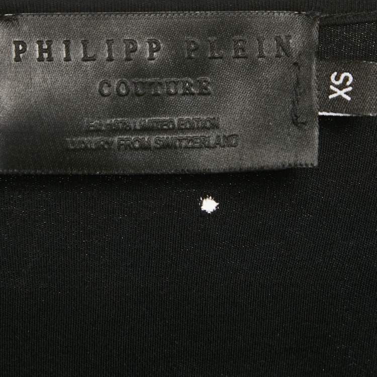 Pre Owned Philipp Plein Couture Black Shoulders Embellished Distressed Top XS
