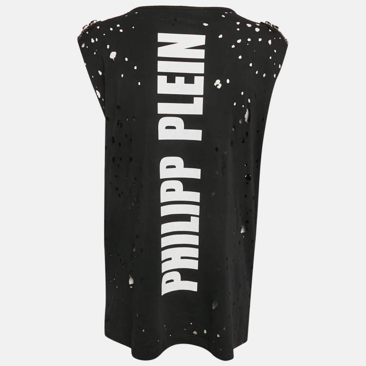 Pre Owned Philipp Plein Couture Black Shoulders Embellished Distressed Top XS