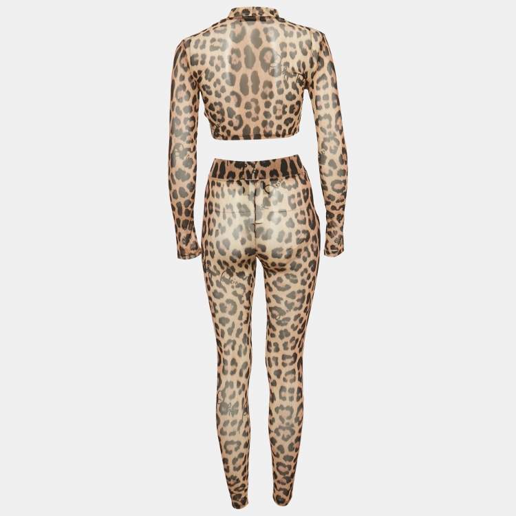 Pre Owned Philipp Plein Leopard Print Stretch Mesh Semi Sheer Top and Leggings Set S