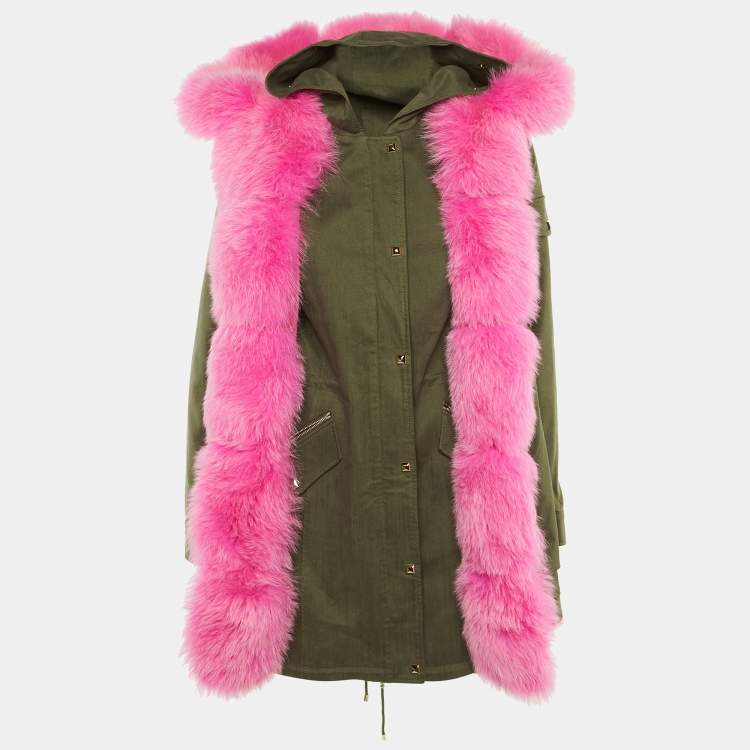Pre Owned Philipp Plein Khaki Green Cotton & Fur Hooded Double Layer Jacket S