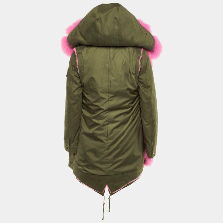 Pre Owned Philipp Plein Khaki Green Cotton & Fur Hooded Double Layer Jacket S