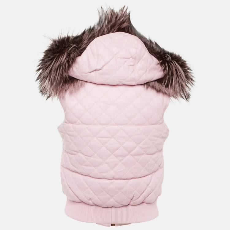 Pre Owned Philipp Plein Pink Leather & Fox Fur Hooded Sleeveless Jacket S