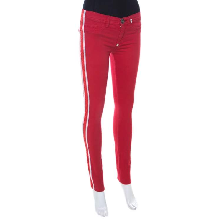 Pre Owned Philipp Plein Devil's Food Red Stretch Cotton Jegging XS