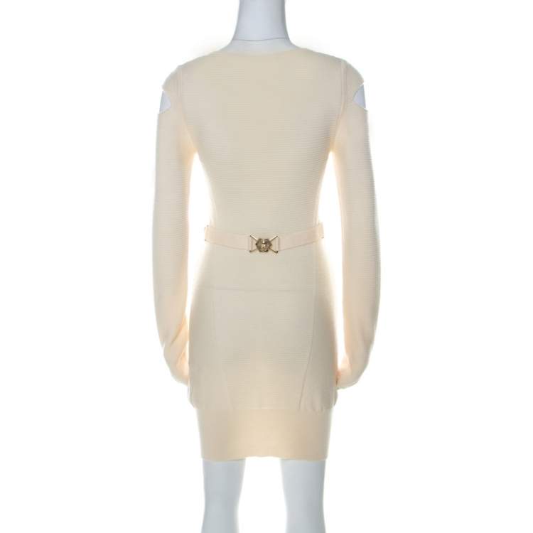 Pre Owned Philipp Plein Couture Cream Knit Cold Shoulder Belted Dress M 