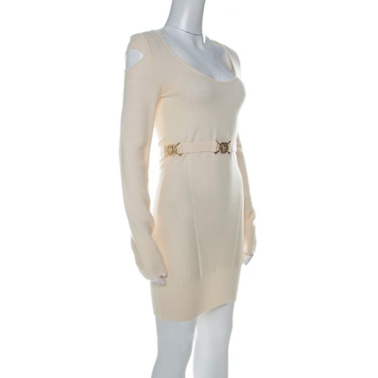 Pre Owned Philipp Plein Couture Cream Knit Cold Shoulder Belted Dress M 