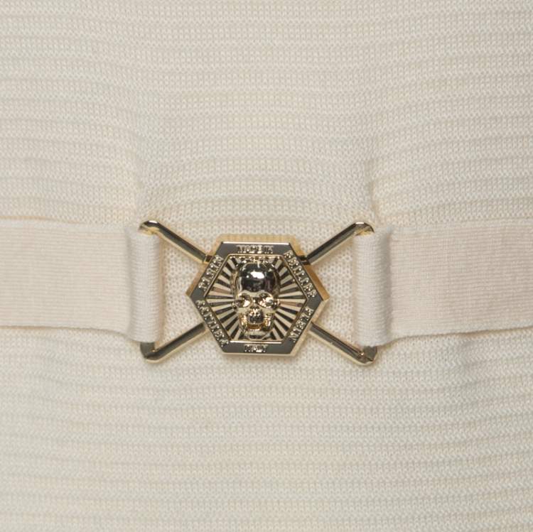 Pre Owned Philipp Plein Couture Cream Knit Cold Shoulder Belted Dress M 
