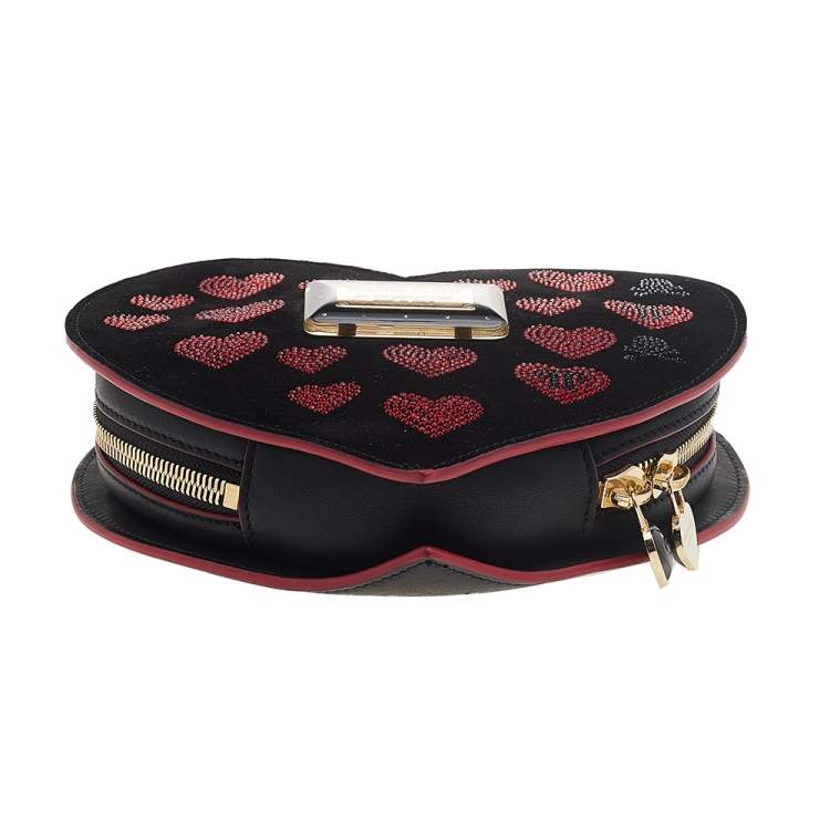 Pre Owned Philipp Plein Black Suede Sweet Heart Embellished Crossbody Bag