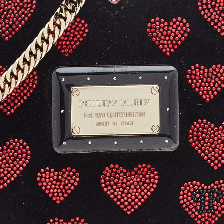 Pre Owned Philipp Plein Black Suede Sweet Heart Embellished Crossbody Bag
