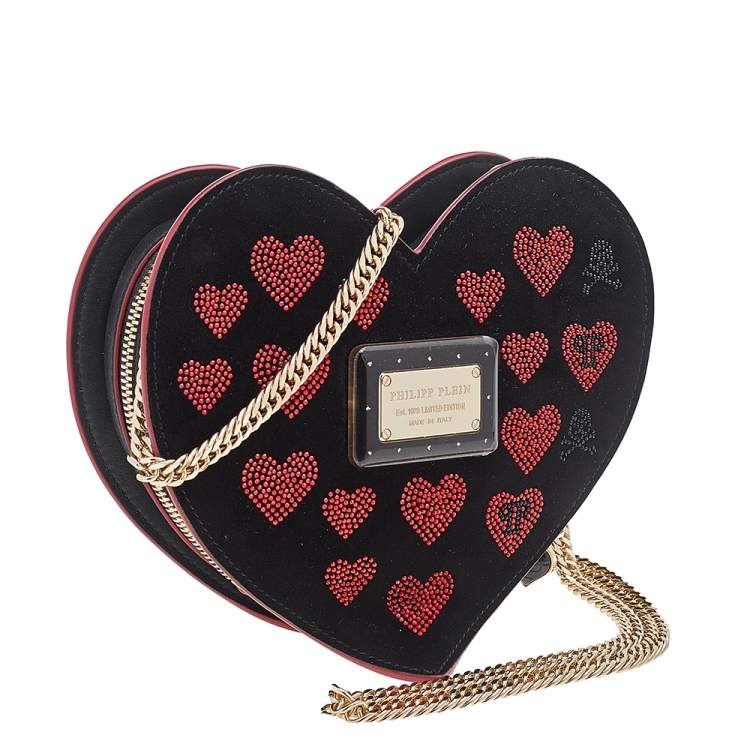 Pre Owned Philipp Plein Black Suede Sweet Heart Embellished Crossbody Bag