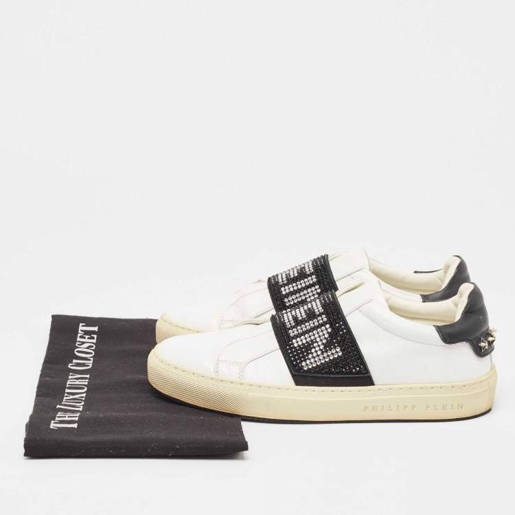 Pre Owned Philipp Plein White/Black Leather  Crystal Embellished  Sneakers Size 35