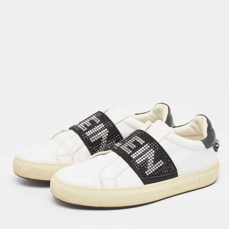 Pre Owned Philipp Plein White/Black Leather  Crystal Embellished  Sneakers Size 35