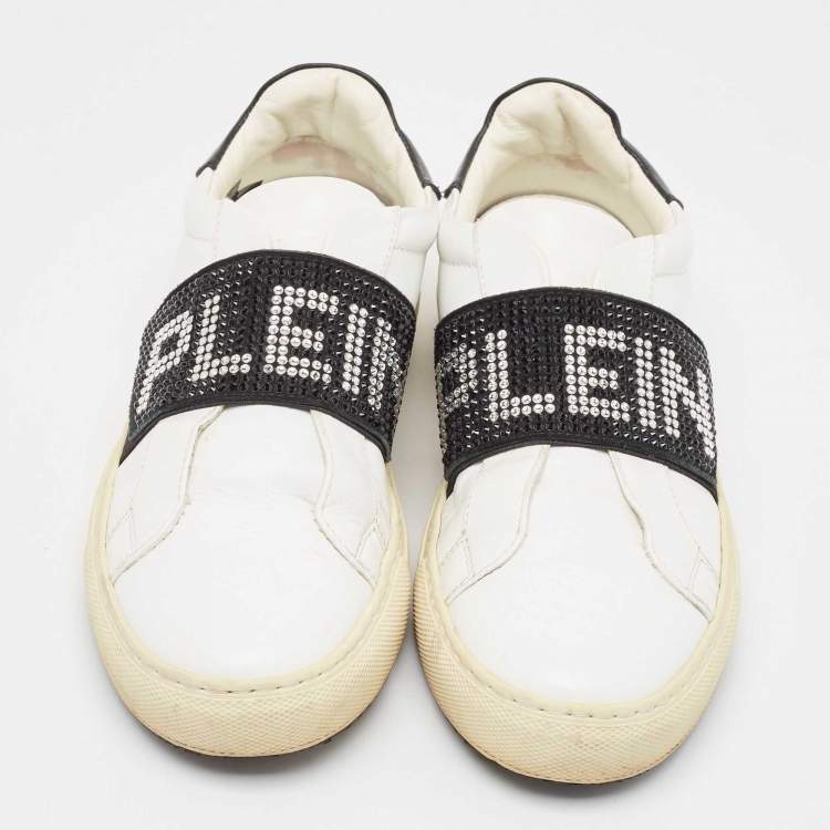 Pre Owned Philipp Plein White/Black Leather  Crystal Embellished  Sneakers Size 35
