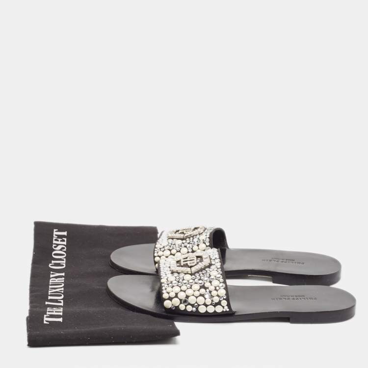 Pre Owned Philipp Plein Black Satin Embellished Flat Slides Size 39