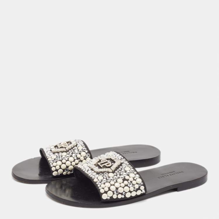 Pre Owned Philipp Plein Black Satin Embellished Flat Slides Size 39