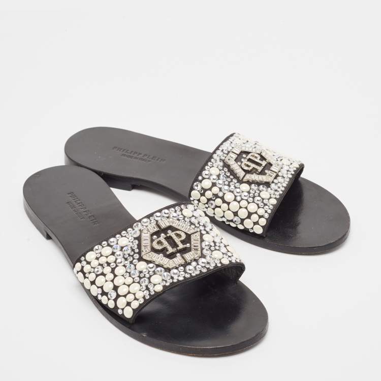 Pre Owned Philipp Plein Black Satin Embellished Flat Slides Size 39