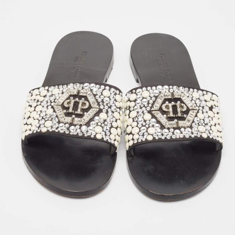 Pre Owned Philipp Plein Black Satin Embellished Flat Slides Size 39