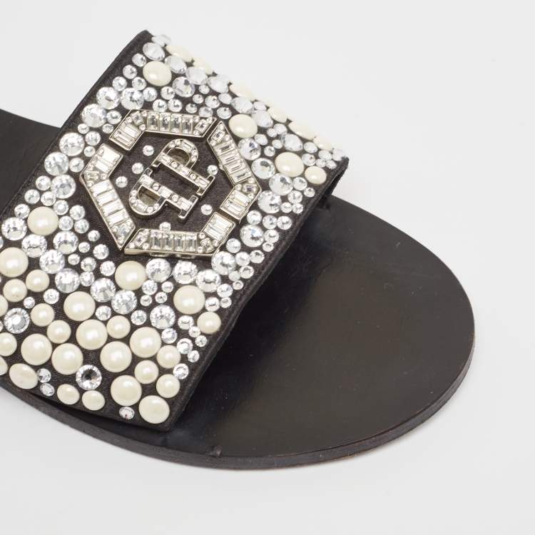 Pre Owned Philipp Plein Black Satin Embellished Flat Slides Size 39