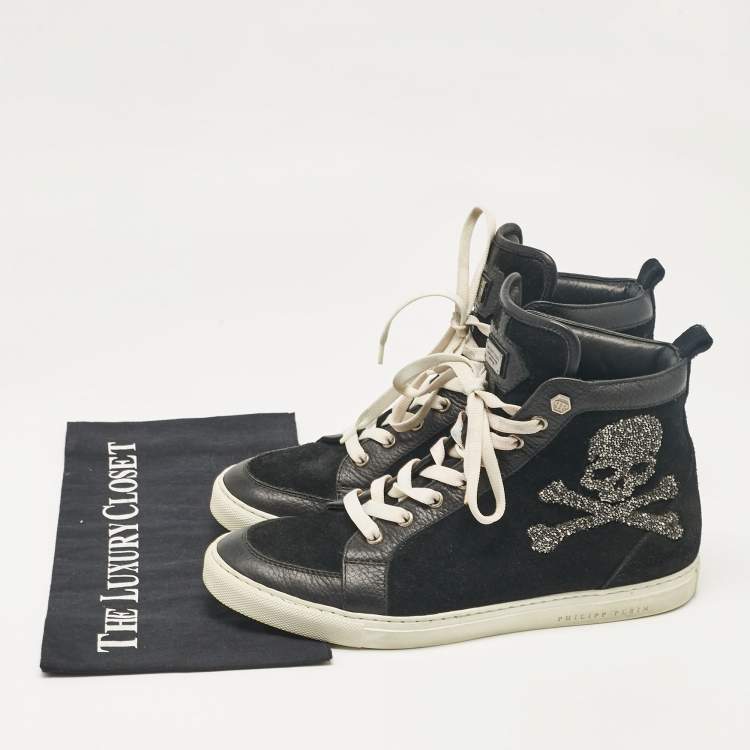 Pre Owned Philipp Plein Black Leather Suede Skull High Top Sneakers Size 40