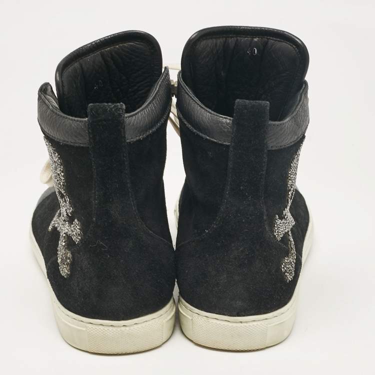 Pre Owned Philipp Plein Black Leather Suede Skull High Top Sneakers Size 40