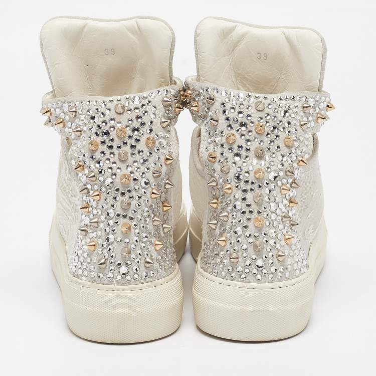 Pre Owned Philipp Plein Grey Lace and Suede High Top Sneakers Size 39