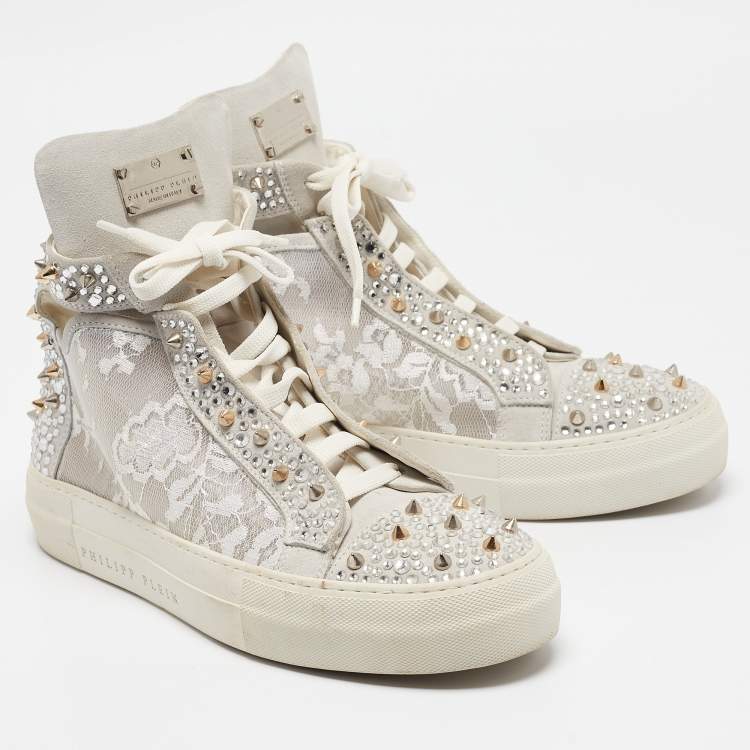 Pre Owned Philipp Plein Grey Lace and Suede High Top Sneakers Size 39