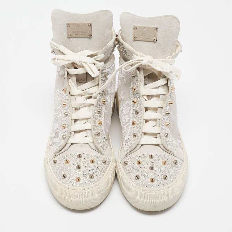 Pre Owned Philipp Plein Grey Lace and Suede High Top Sneakers Size 39