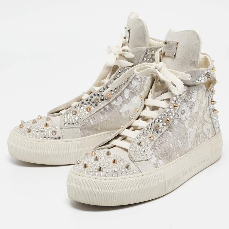 Pre Owned Philipp Plein Grey Lace and Suede High Top Sneakers Size 39