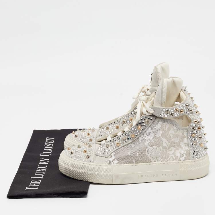Pre Owned Philipp Plein Grey Lace and Suede High Top Sneakers Size 39