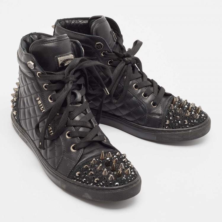 Pre Owned Philipp Plein Black Leather High Top Sneakers Size 37.5