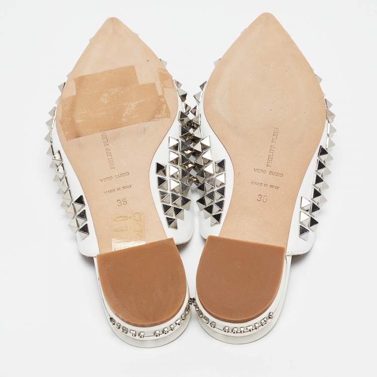 Pre Owned Philipp Plein White Leather Spike Mules Size 36