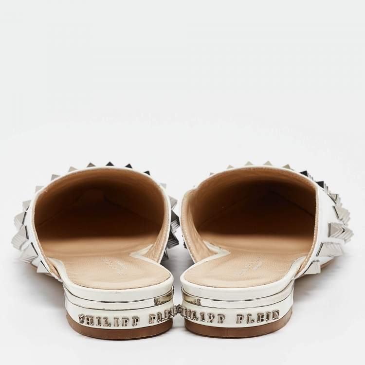 Pre Owned Philipp Plein White Leather Spike Mules Size 36