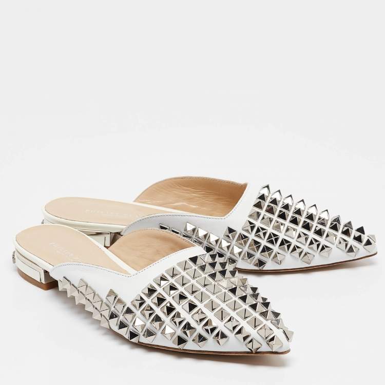 Pre Owned Philipp Plein White Leather Spike Mules Size 36