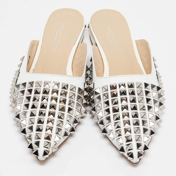Pre Owned Philipp Plein White Leather Spike Mules Size 36