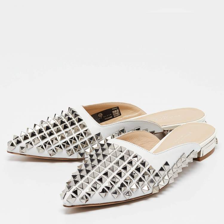 Pre Owned Philipp Plein White Leather Spike Mules Size 36