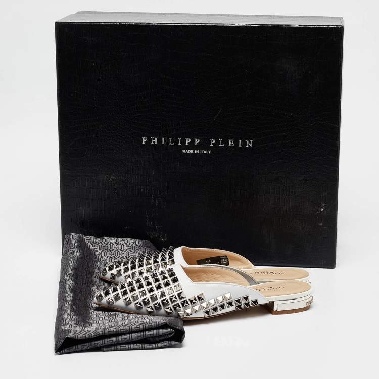 Pre Owned Philipp Plein White Leather Spike Mules Size 36