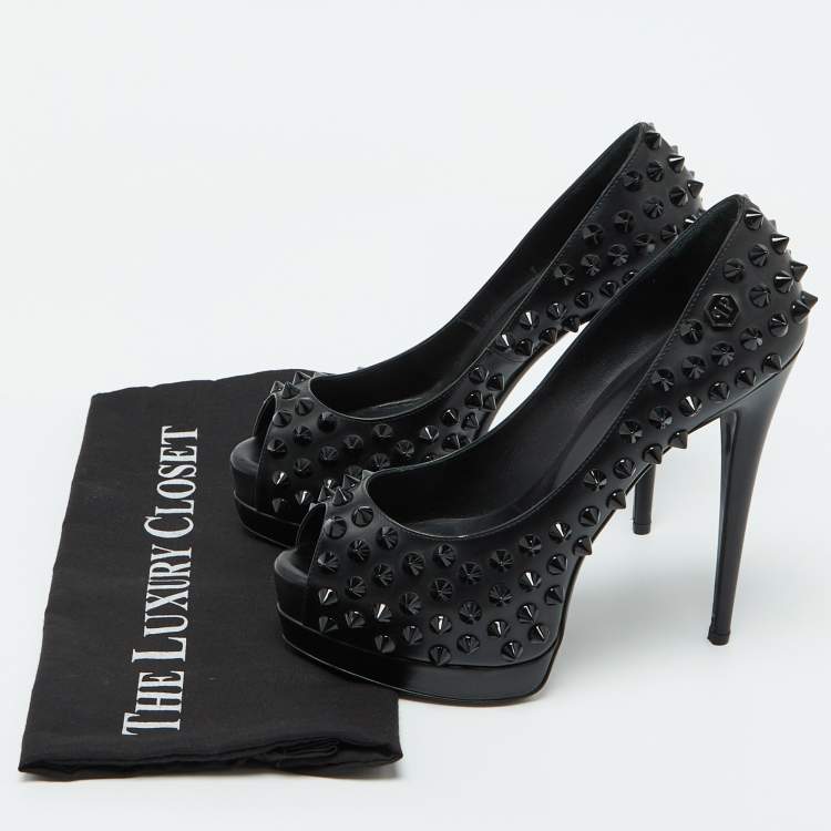 Pre Owned Philipp Plein Black Leather Studded Peep Toe Platform Pumps Size 38
