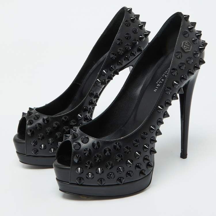 Pre Owned Philipp Plein Black Leather Studded Peep Toe Platform Pumps Size 38