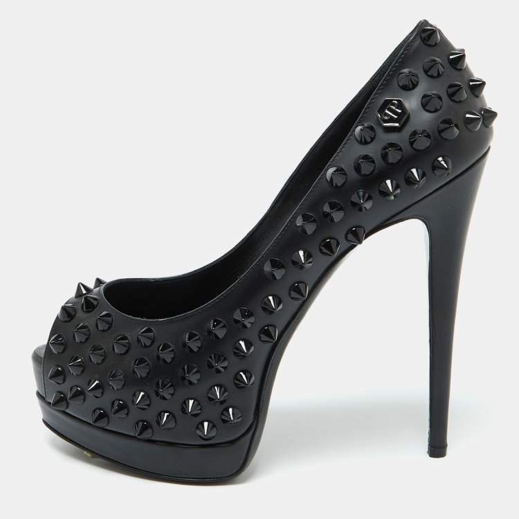 Pre Owned Philipp Plein Black Leather Studded Peep Toe Platform Pumps Size 38
