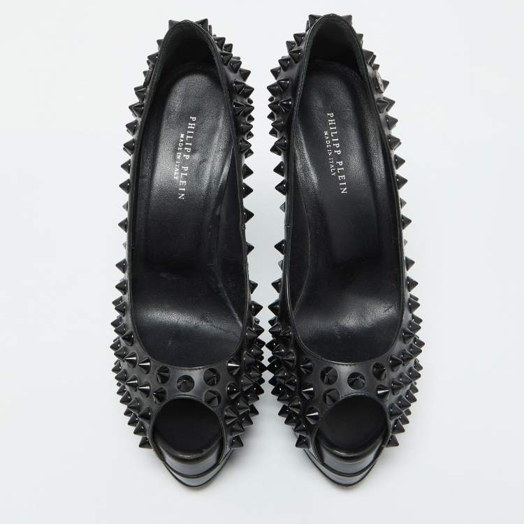 Pre Owned Philipp Plein Black Leather Studded Peep Toe Platform Pumps Size 38