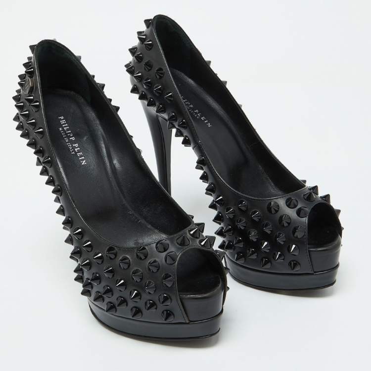 Pre Owned Philipp Plein Black Leather Studded Peep Toe Platform Pumps Size 38