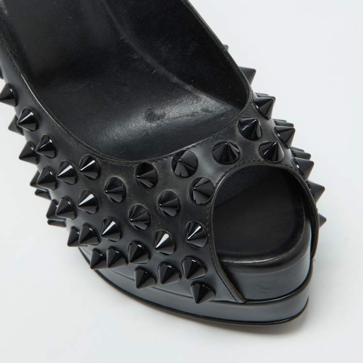 Pre Owned Philipp Plein Black Leather Studded Peep Toe Platform Pumps Size 38